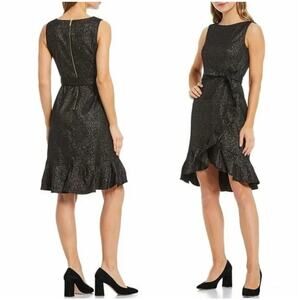 CALVIN KLEIN Black Gold Ruffle Hem Tie Waist Dress Sleeveless Fairy Whimsical